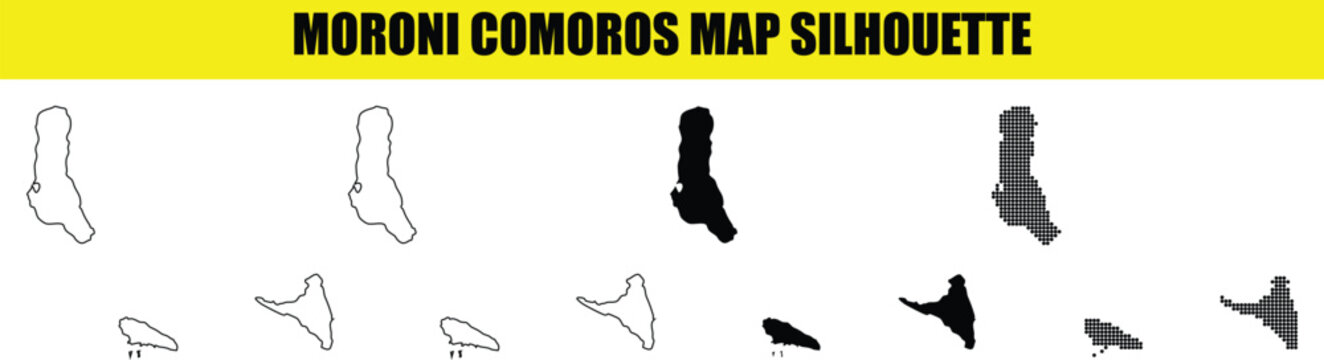 Moroni comoros map silhouette set featuring different island shapes including grand comore moheli and anjouan variations.