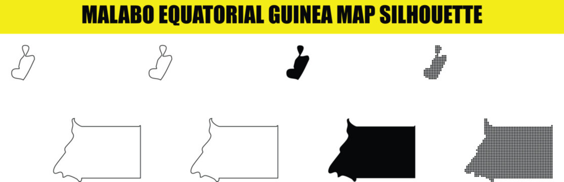 Malabo equatorial guinea map silhouette collection showing bioko island and continental region with various style options.