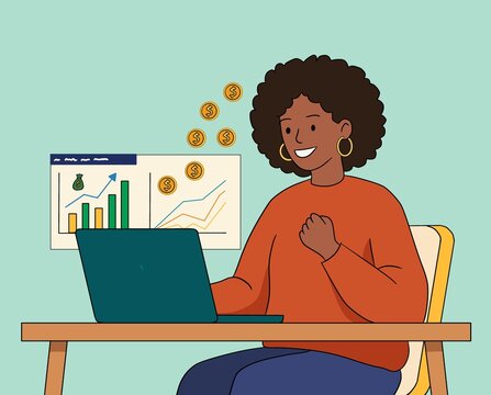 Woman analyzing investment growth on laptop at home office