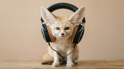 Fototapeta premium Fennec fox wearing large headphones on wooden table with beige backdrop for playful pet music banner and whimsical animal content