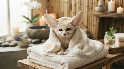 Fototapeta premium Small fennec fox wrapped in a towel on a wooden bench in a spa setting for pet wellness background and cozy lifestyle design