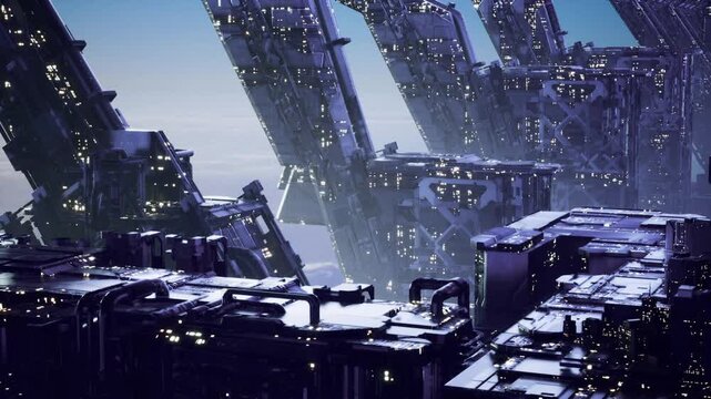 Nighttime industrial docking bay with lights and layered platforms, heavy metal walkways and distant illuminated windows conveying cargo flow and logistical