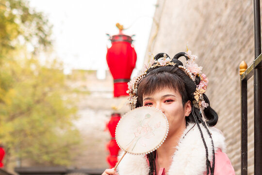 Traditional hanfu portrait in Xi'an with red lanterns