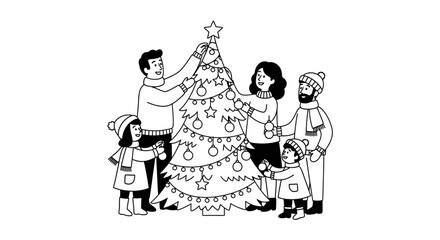 Obraz premium Happy Family Decorating Christmas Tree Line Art Illustration