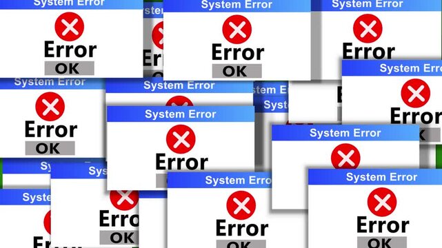 system crash error windows pop up chaos animation video in 4k, digital system failure error popup chaos animation,old pc error message glitch aesthetic background.