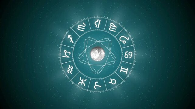 Astrological zodiac wheel with glowing horoscope symbols, mystical celestial chart on dark teal background, esoteric lunar moon phase animation