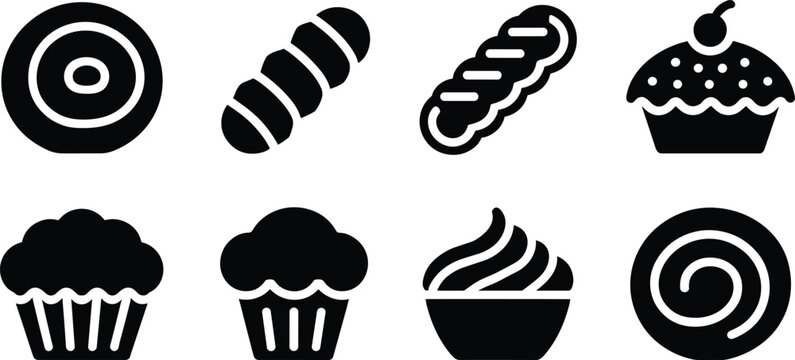 Bakery and pastry product icon set black silhouette isolated on white background for menu design