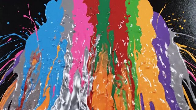 Vibrant colorful paint splashing and colliding on black background