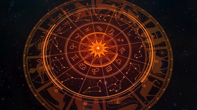Astrology zodiac wheel with glowing orange horoscope symbols. Mystical celestial star map background. Esoteric astronomical chart for divination.