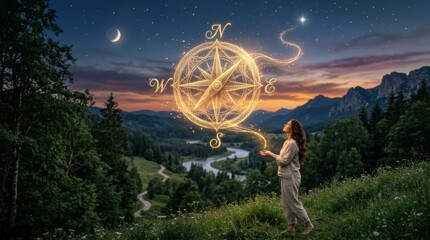 Obraz premium Woman holding a glowing compass rose above a mountain valley at dusk for fantasy background and inspirational banner design