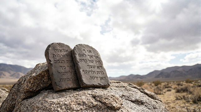 Biblical scene with Moses and Ten Commandments on stone tablets in desert landscape. Biblical scene highlights commandments engraved in Hebrew, positioned on rocks with vast mountain backdrop.