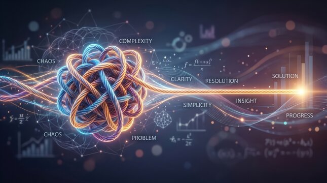 Interconnected knotted mass resolving into a clear glowing line representing problem solving clarity insight and progress for infographic banner and data visualization