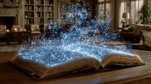 Magic unfolding: An open book reveals a realm of shimmering blue light and untold stories