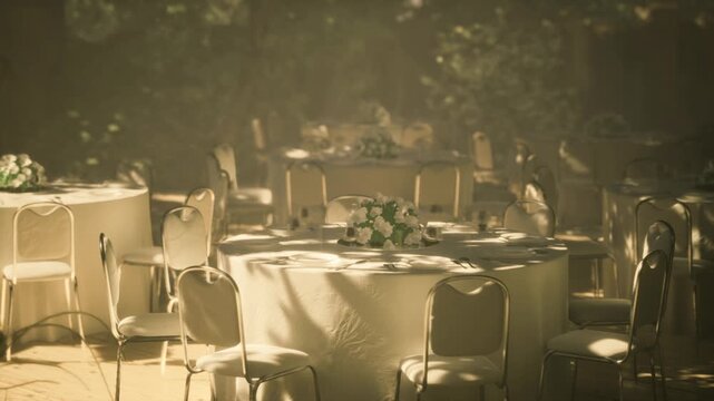 Charming tables are arranged under soft sunlight, adorned with white tablecloths and fresh flowers, creating a magical atmosphere for a wedding celebration in nature.