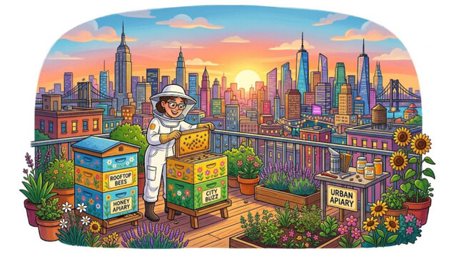 City Rooftop Apiary Vector Collection &ndash; Beekeeper, Honey Bee Colonies and Green Roof Illustration