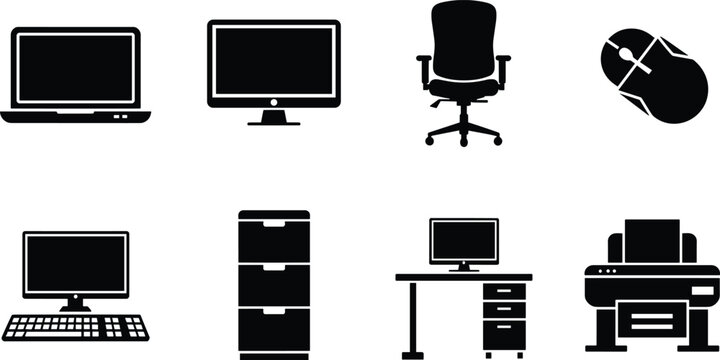 Corporate office workplace workspace and computer device icon set black silhouette isolated on white background for business design