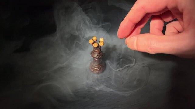 Human hand knocking over dark wooden chess queen in dramatic smoke on black background. Concept of defeat, overthrow, power, disruption and business failure. Slow motion 4K video.