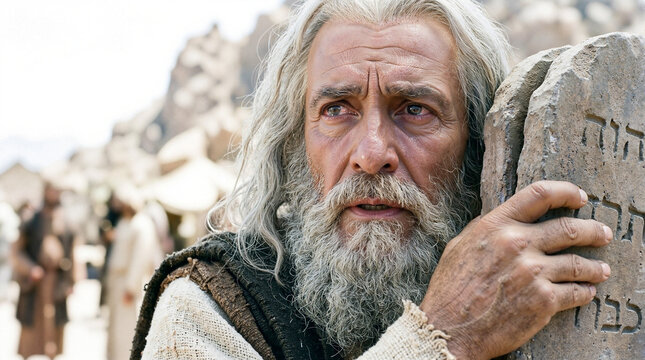 Biblical scene with Moses holding stone tablets in desert. Moses symbolizes faith and leadership as he delivers divine commandments to people.