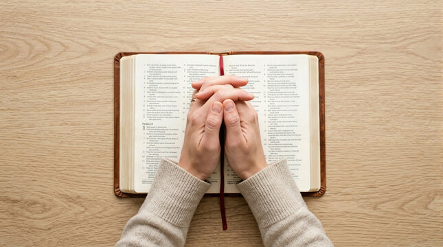 Hands clasped in prayer over open Bible on wooden table, reading the Bible inspires devotion and reflection. Reading the Bible promotes faith and spiritual growth within communities and individuals,