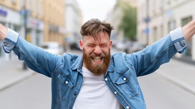 Portrait of overjoyed bearded man standing with excited expression, raising fists, screaming, shouting yeah, celebrating his victory, success.