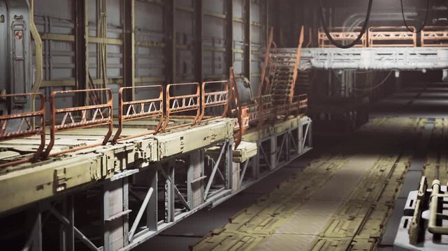 Narrow service walkway with access rail, closeup of worn handrail and bolted flanges, grease marks and gasket stacks, conduit runs and task lighting, tactile