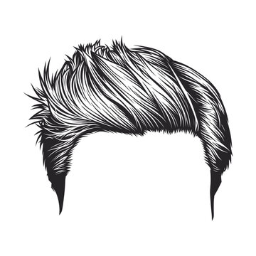 Male short spiky pompadour hairstyle black and white outline sketch graphic isolated on white