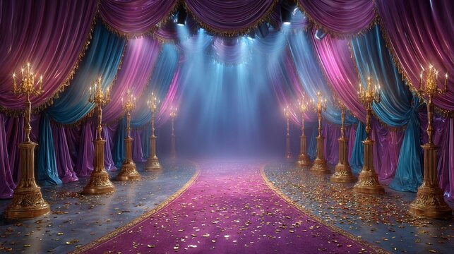 Magical pathway illuminated by candelabras and adorned with soft curtains creates an enchanting