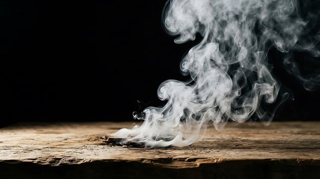 Wisps of white smoke rising from a smoldering ember on a rustic wooden surface against a dark background