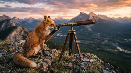 Fototapeta premium Red fox using a brass telescope on rocky mountain summit at sunset for adventure background and travel poster design