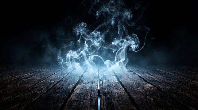 Dramatic swirling smoke rising from a wooden floor with a glowing blue light creating a mysterious and atmospheric background texture
