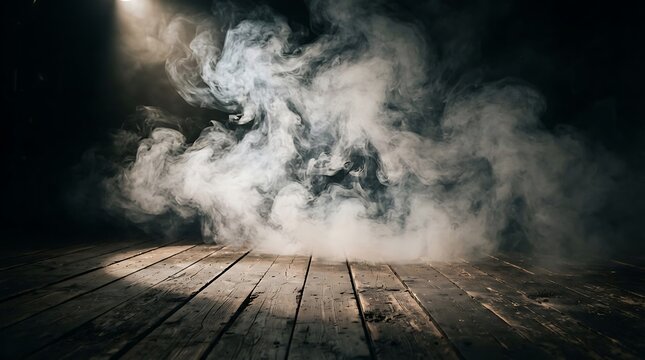 Dramatic smoky effect on a dark wooden floor illuminated by a single spotlight creating a mysterious atmosphere for conceptual designs