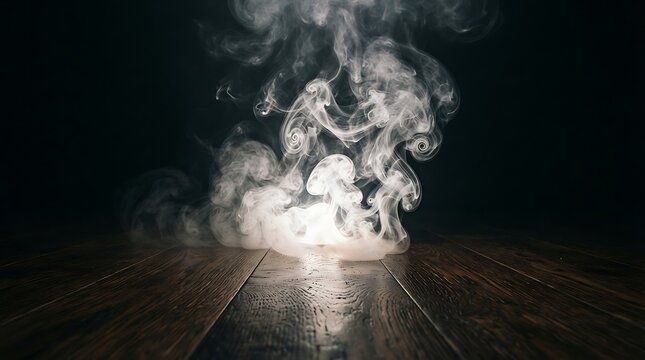 Dramatic swirling white smoke rising from a small light source on a dark wooden floor creating a moody atmosphere