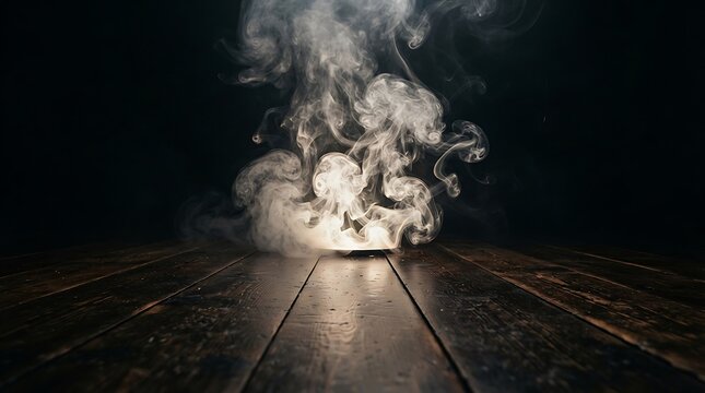 Dramatic wisps of white smoke rising from a wooden surface against a dark background creating a mysterious atmosphere