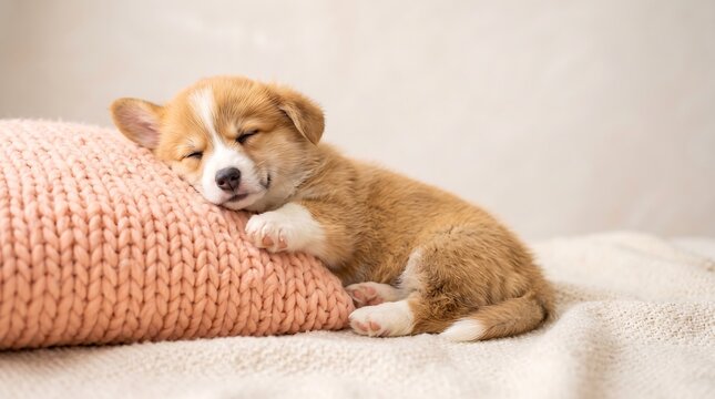 Small adorable corgi puppy sleeping peacefully on a soft knitted pink cushion with sleeping adorable domestic interior peaceful relaxing expression portrait