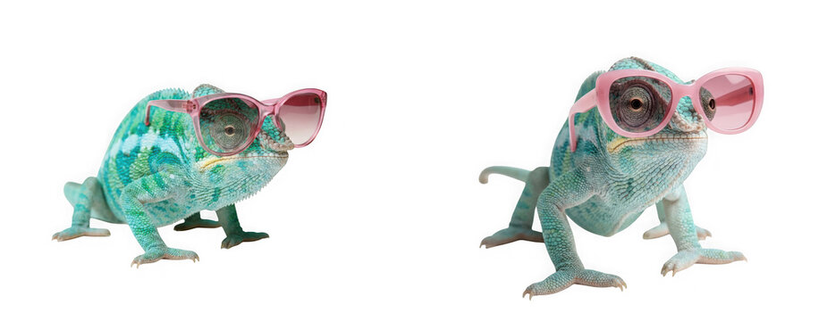 Two funny chameleons in pink sunglasses isolated on transparent background