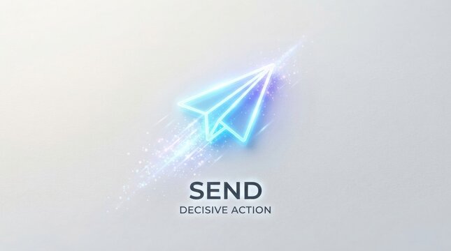 Neon paper airplane icon with glowing trail and send decisive action text for app button background and ui design