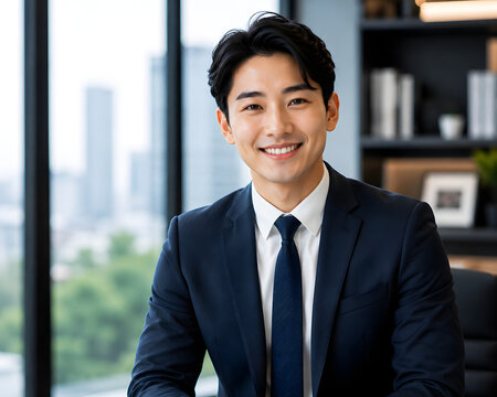 Young successful businessman smiling confidently in modern office with cityscape background during day time.