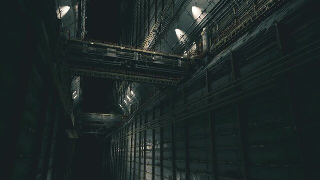 Sunlit engine room with walkways. Luminous atrium featuring beams and mezzanines. Industrial skylight with catwalks and layered structural design