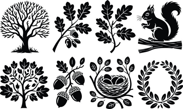 Forest themed icons with trees acorns squirrel and nest in black and white vector format