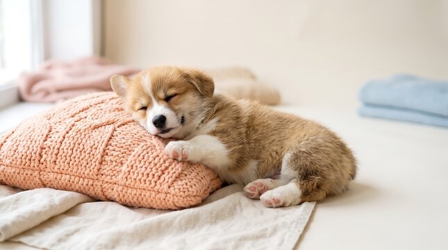 Tired corgi puppy sleeping soundly on a soft knitted cushion and fabric blanket with sleeping domestic interior peaceful relaxing portrait