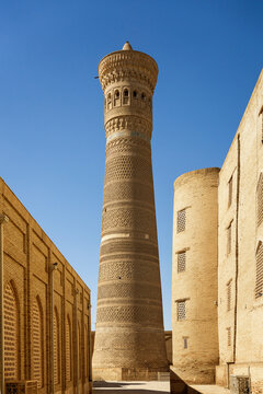 Ancient minaret and brick architecture in Bukhara, Uzbekistan
