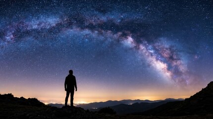 Fototapeta premium Silhouette of a man standing under an arching Milky Way galaxy over distant city lights