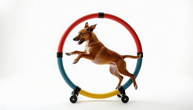 Agile dog exercising in colorful hoop with excitement and joy. Dog's playful nature shines as it jumps through vibrant hoop used for agility training and fitness.