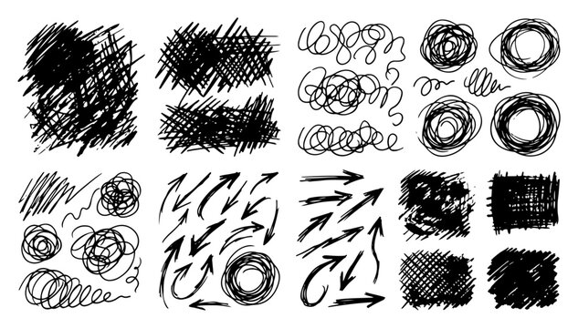Scribble doodle collection with arrows circles and cross hatching textures in hand drawn sketchy style