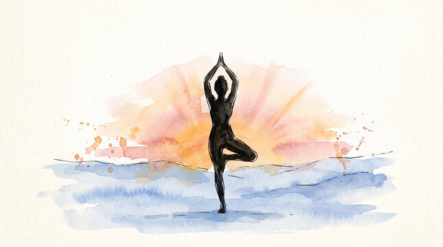 Amber blue watercolor ink yoga tree pose at sunrise, representing healthcare wellness, mind-body balance, daily practice as medicine and holistic wellbeing concept