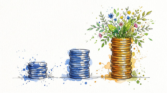 Amber green watercolor ink coin stack sprouting into plant, representing compound interest, wealth growing organically, long-term investment and financial growth concept