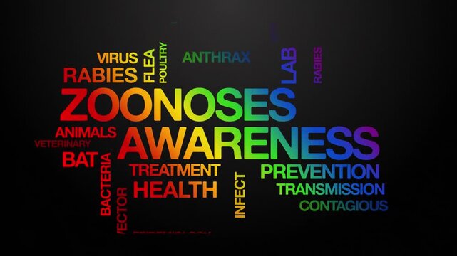 zoonoses awareness  concept Animated Tag Word Cloud kinetic typography, Text Design Animation typography seamless loop video motion graphics Intro Wordart arrangement rainbow type on black background 