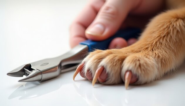Grooming cat nails with pet clippers in hand, showing furry paw and claw preparation for trimming. Pet grooming activity highlights importance of nail maintenance for health.