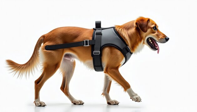 Dog wearing harness walking on white background. Brown dog with harness positioned for safe mobility and comfort. Concept dog harness for pet safety, obedience training, or outdoor activities.