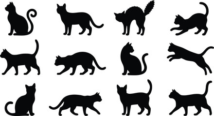 Collection of black cat silhouettes in various poses including sitting, walking, jumping, and arched backs on a white background © GFX